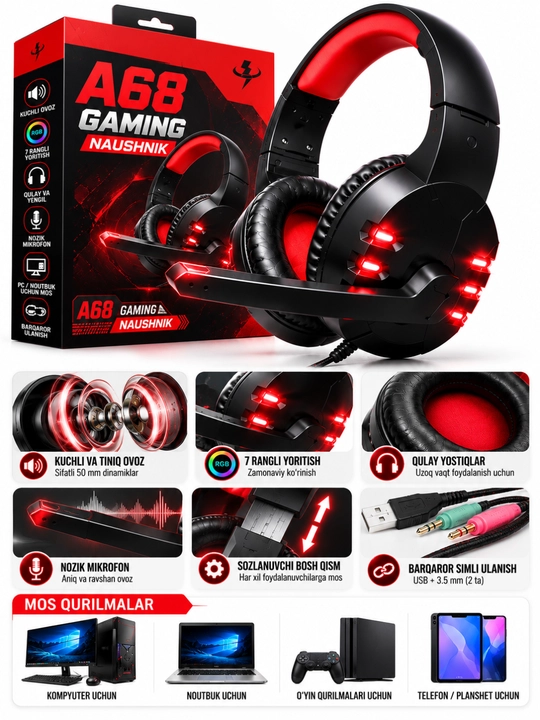 A68 Gaming Naushnik, RGB Yoritish, Mikrofonli, Qulay Quloqchin, PC va Noutbuk uchun