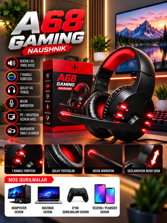 A68 Gaming Naushnik, RGB Yoritish, Mikrofonli, Qulay Quloqchin, PC va Noutbuk uchun - 