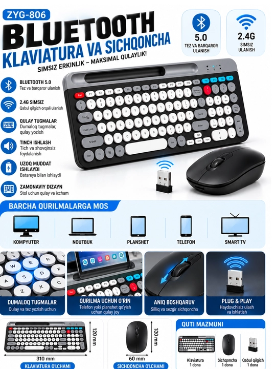 ZYG-806 Klaviatura va Sichqoncha, Bluetooth 5.0, 2.4G Simsiz, Qulay To‘plam
