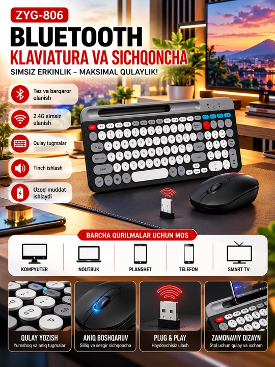 ZYG-806 Klaviatura va Sichqoncha, Bluetooth 5.0, 2.4G Simsiz, Qulay To‘plam
