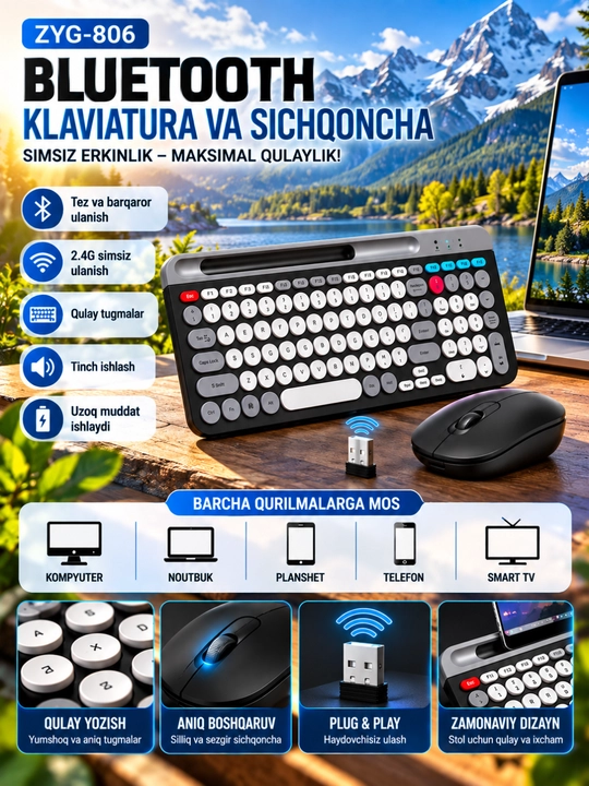 ZYG-806 Klaviatura va Sichqoncha, Bluetooth 5.0, 2.4G Simsiz, Qulay To‘plam - 