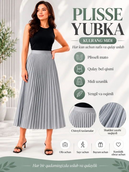 Kauchukli ayollar burmali midi yubkasi, ofis va maktab uchun, burmali midi yubka - 
