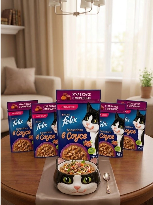 Влажный корм для кошек Felix Sensations, утка в соусе с морковью, 75 г - 