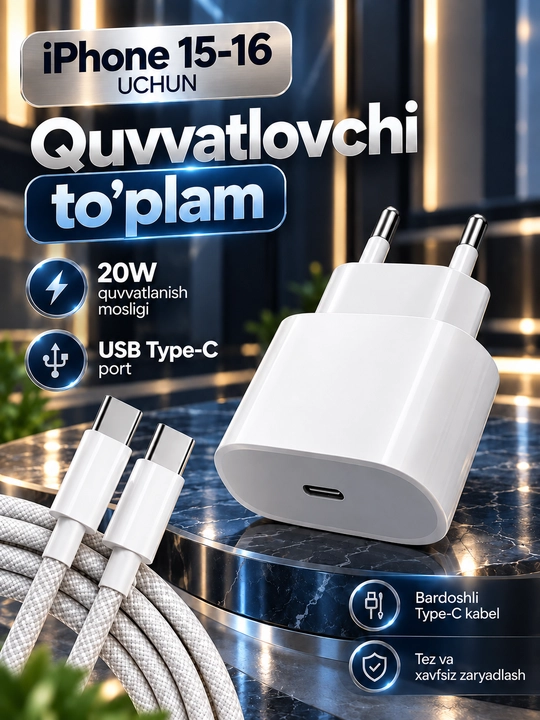 Комплект зарядки 20W для iPhone 15 и 16, кабель type-c-type-c 60W
