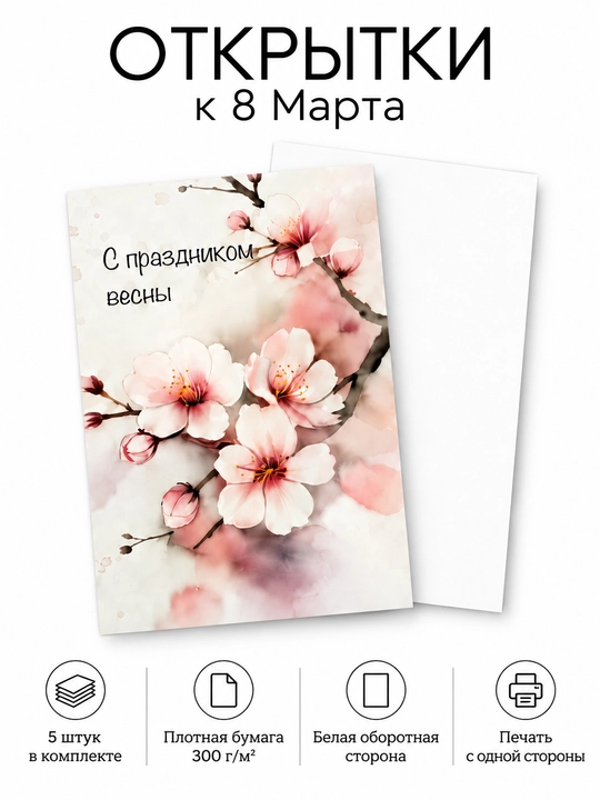 Открытки к 8 Марта 5×7 см, 5 шт, мини-открытки для подарка, выбор дизайна - 