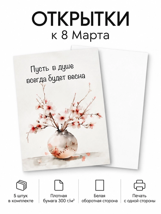 Открытки к 8 Марта 5×7 см, 5 шт, мини-открытки для подарка, выбор дизайна - 