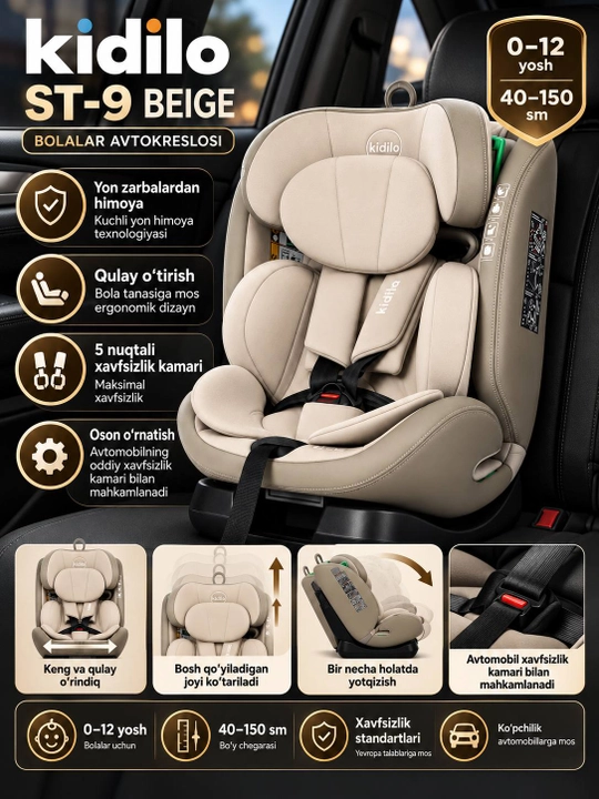 Avtokreslo Kidilo Isofix, 0-12 yoshgacha - 