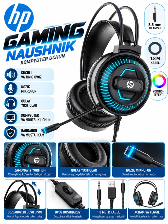 Gaming Naushnik, RGB Yoritish, Mikrofonli, 3.5mm, Qulay Quloqchin, PC va Noutbuk uchun