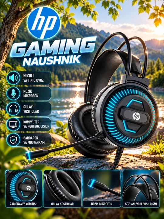 Gaming Naushnik, RGB Yoritish, Mikrofonli, 3.5mm, Qulay Quloqchin, PC va Noutbuk uchun - 