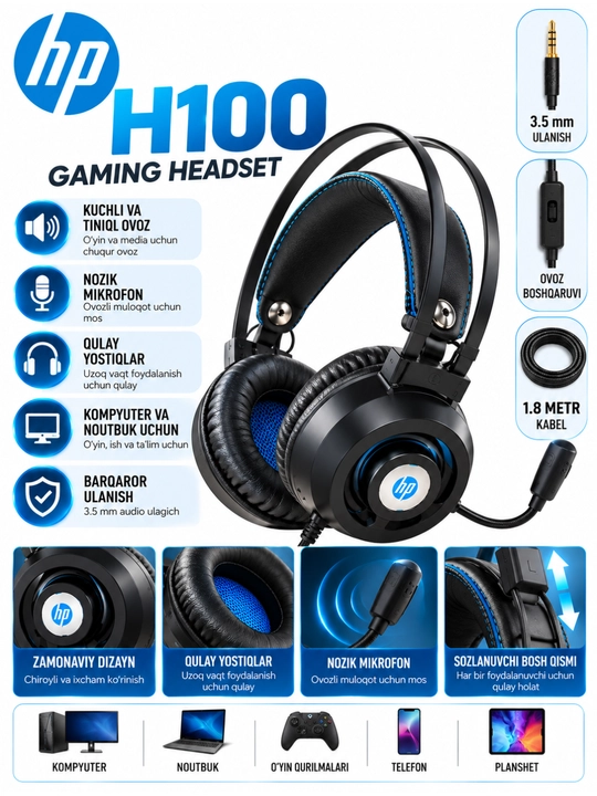 HP H100 Gaming quloqchinlari, mikrofonli, 3,5 mm, kompyuter va noutbuk uchun