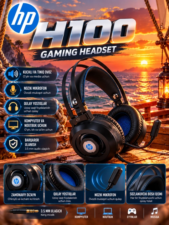 HP H100 Gaming quloqchinlari, mikrofonli, 3,5 mm, kompyuter va noutbuk uchun