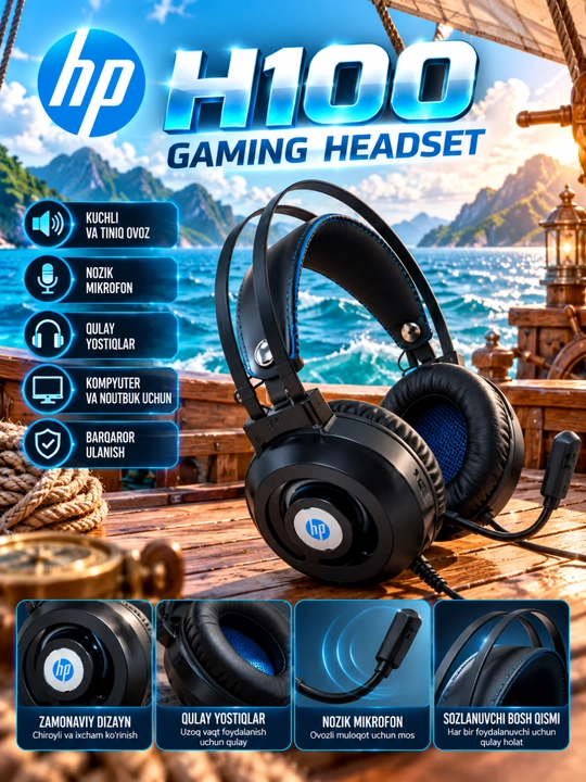 HP H100 Gaming quloqchinlari, mikrofonli, 3,5 mm, kompyuter va noutbuk uchun - 