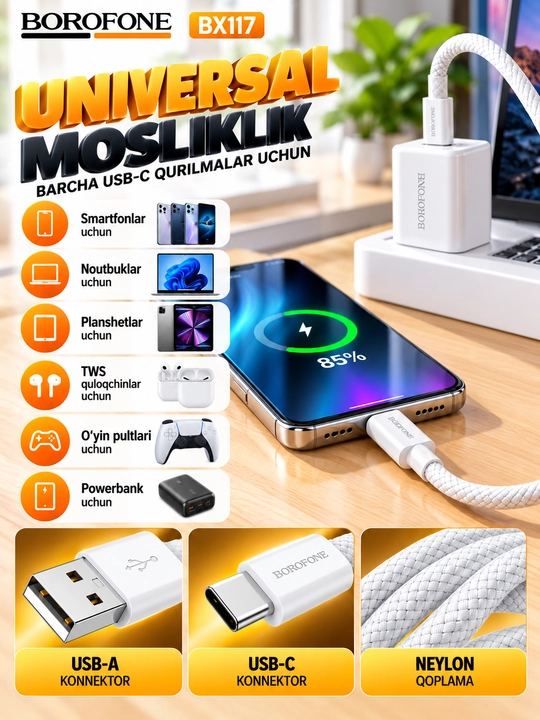 Кабель BOROFONE BX111 Lightning для зарядки телефона 2.4A белый 1 м
