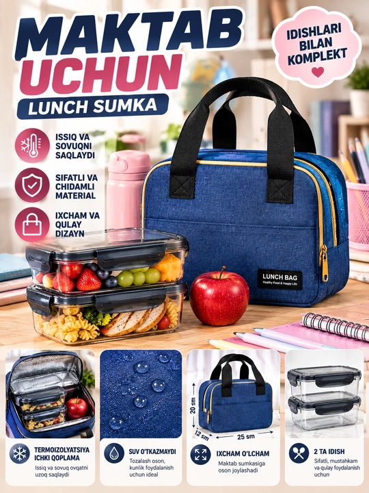 Набор Lunch Box, 2 стеклянных контейнера для еды и термосумка, герметичные крышки