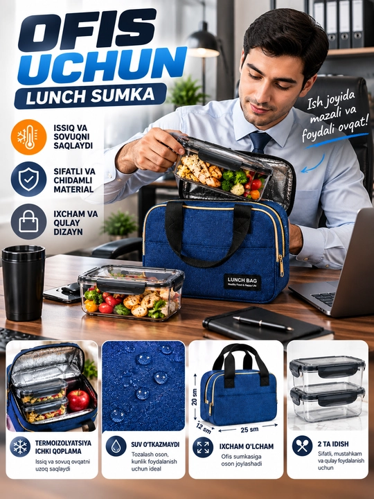 Набор Lunch Box, 2 стеклянных контейнера для еды и термосумка, герметичные крышки - 