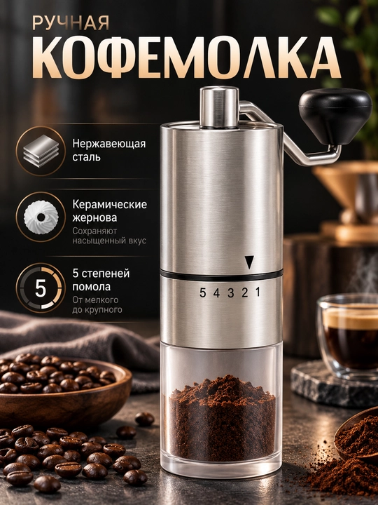 Ручная механическая кофемолка для дома,с 5 степенями помола, крупных гранул,сахарной пудры - 