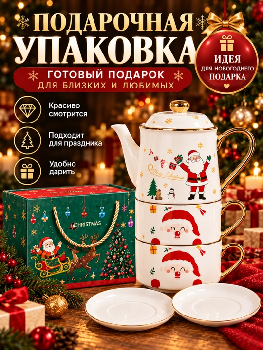 Yangi yil choy to‘plami 3 tasi 1 da, choynak, 2 ta finjon va likopcha, sovg‘alik