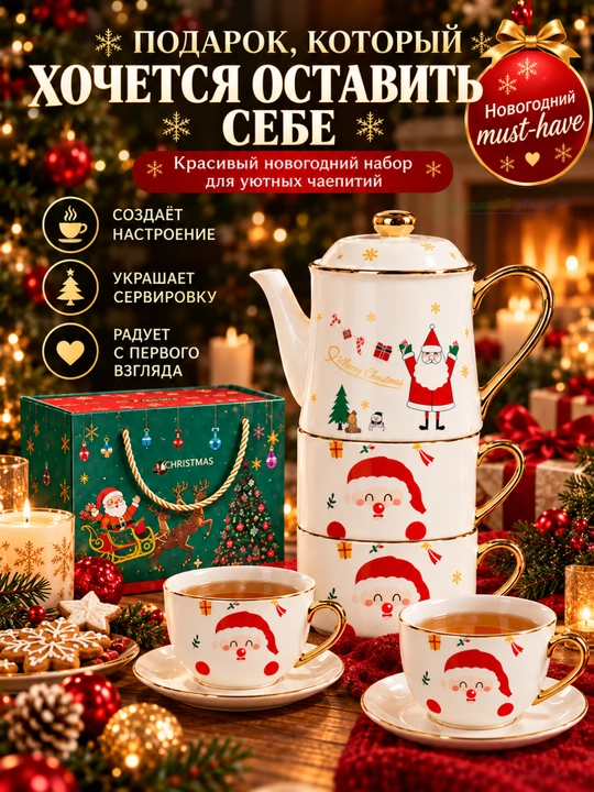 Yangi yil choy to‘plami 3 tasi 1 da, choynak, 2 ta finjon va likopcha, sovg‘alik