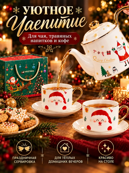 Новогодний чайный набор 3 в 1, чайник с 2 чашками и блюдцами, подарочный сервиз - 