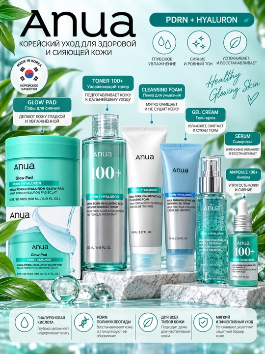 Anua PDRN + Hyaluron 100+, to‘plam, Glow Pad, tonik, ko‘pik, gel-krem, serum va ampula - 