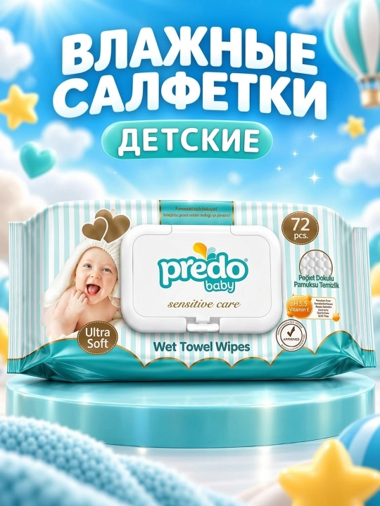 Predo Baby Sensitive Care bolalar nam salfetkalari. Bolalar salfetkalari