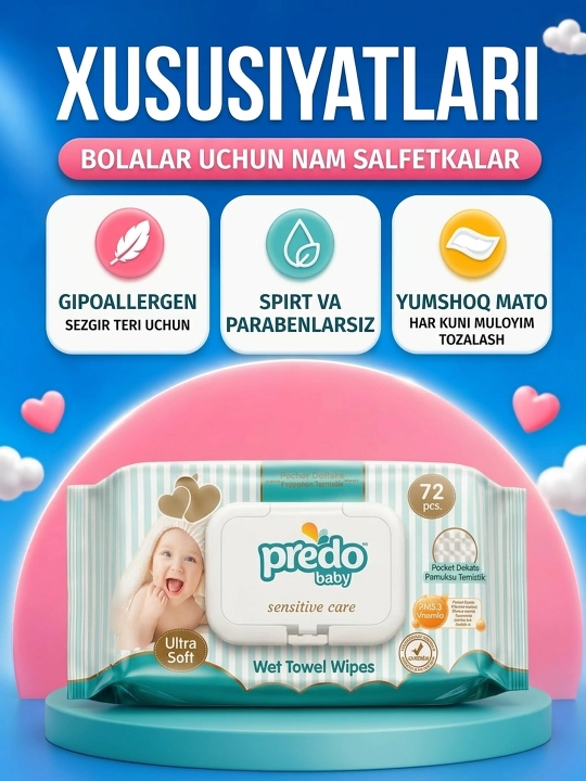 Predo Baby Sensitive Care bolalar nam salfetkalari. Bolalar salfetkalari