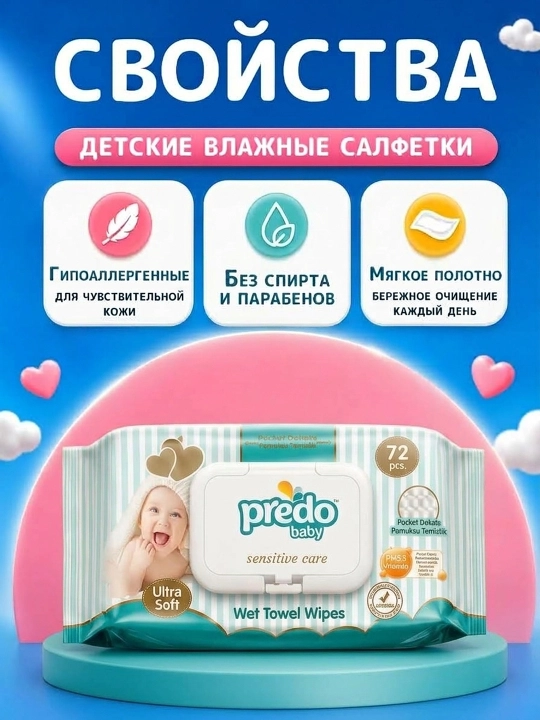 Predo Baby Sensitive Care bolalar nam salfetkalari. Bolalar salfetkalari