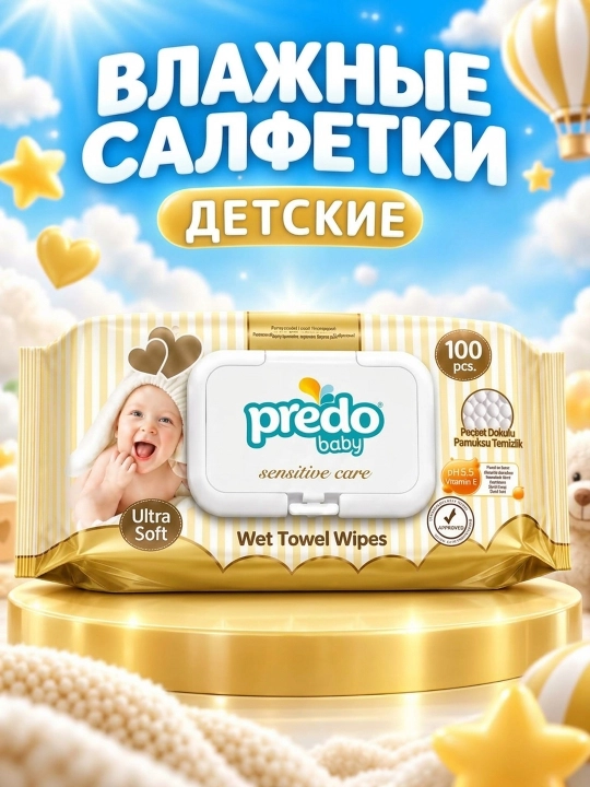 Predo Baby Sensitive Care bolalar nam salfetkalari. Bolalar salfetkalari