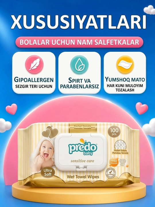 Predo Baby Sensitive Care bolalar nam salfetkalari. Bolalar salfetkalari