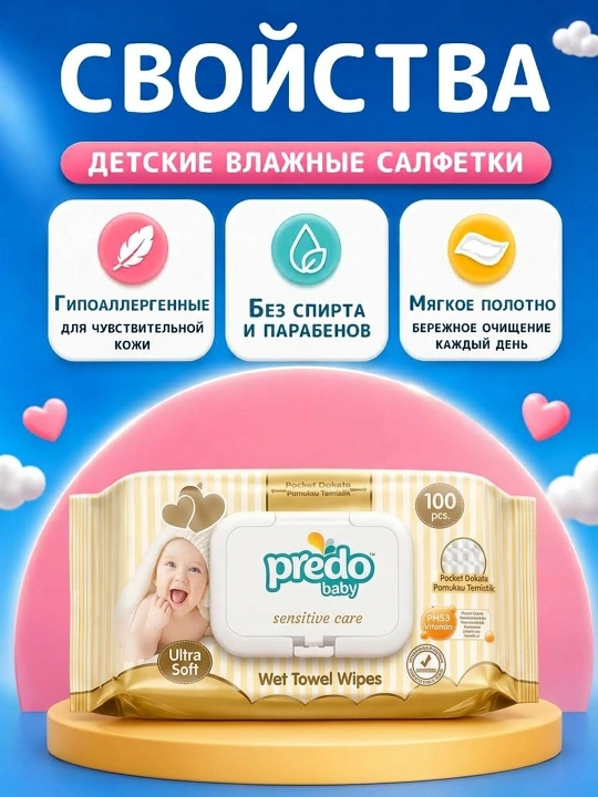 Predo Baby Sensitive Care bolalar nam salfetkalari. Bolalar salfetkalari