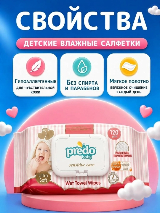 Predo Baby Sensitive Care bolalar nam salfetkalari. Bolalar salfetkalari
