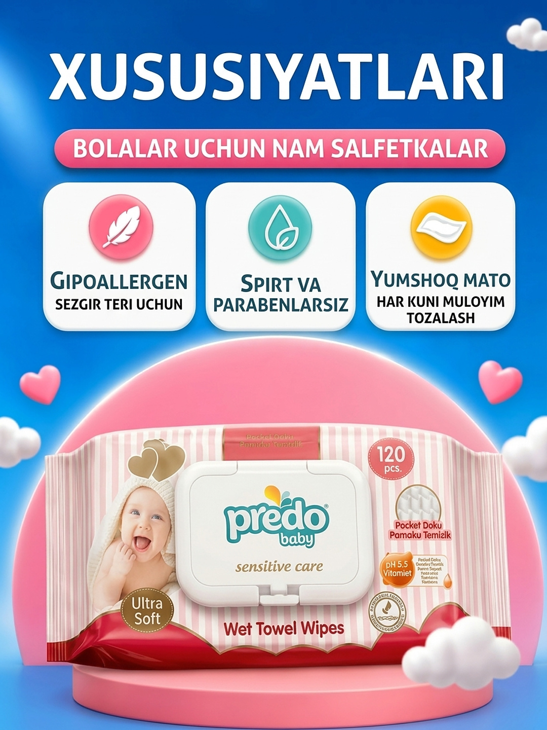 Predo Baby Sensitive Care bolalar nam salfetkalari. Bolalar salfetkalari