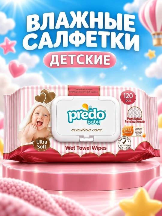 Predo Baby Sensitive Care bolalar nam salfetkalari. Bolalar salfetkalari