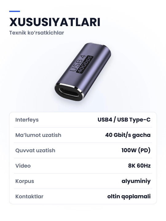 Type-C adapter USB4 40 Gbit/s, 100W, 8K, Thunderbolt, burchakli 90°/180° va to‘g‘ri