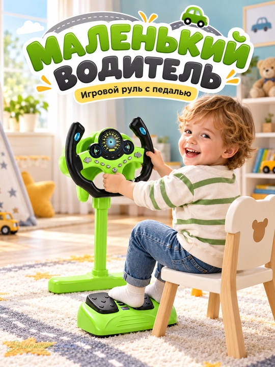 Детский музыкальный руль с педалями и подсветкой — игровой набор водителя