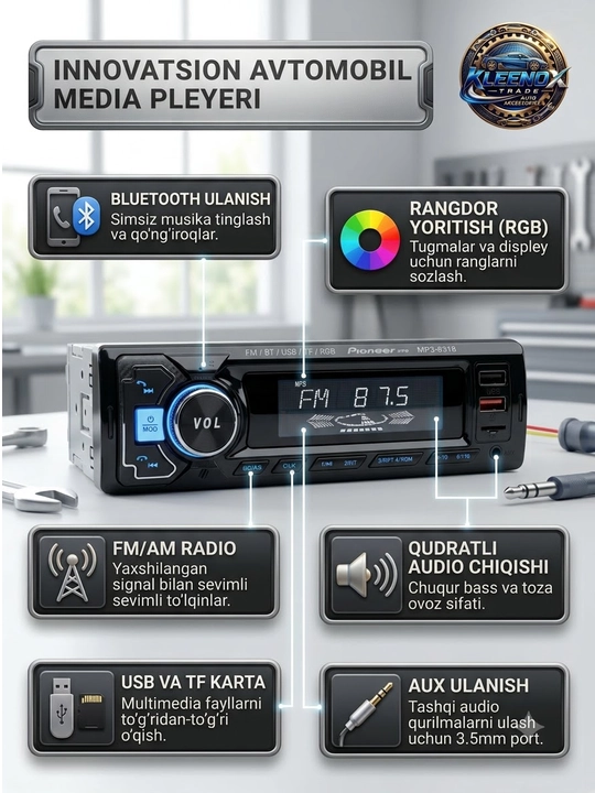 Автомагнитола Pioneer MP3-8318 с Bluetooth, USB и RGB подсветкой