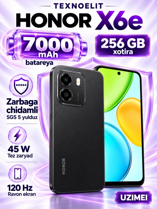 HONOR X6e smartfoni, 256 GB, 7000 mA·soat batareya, 50 MP kamera