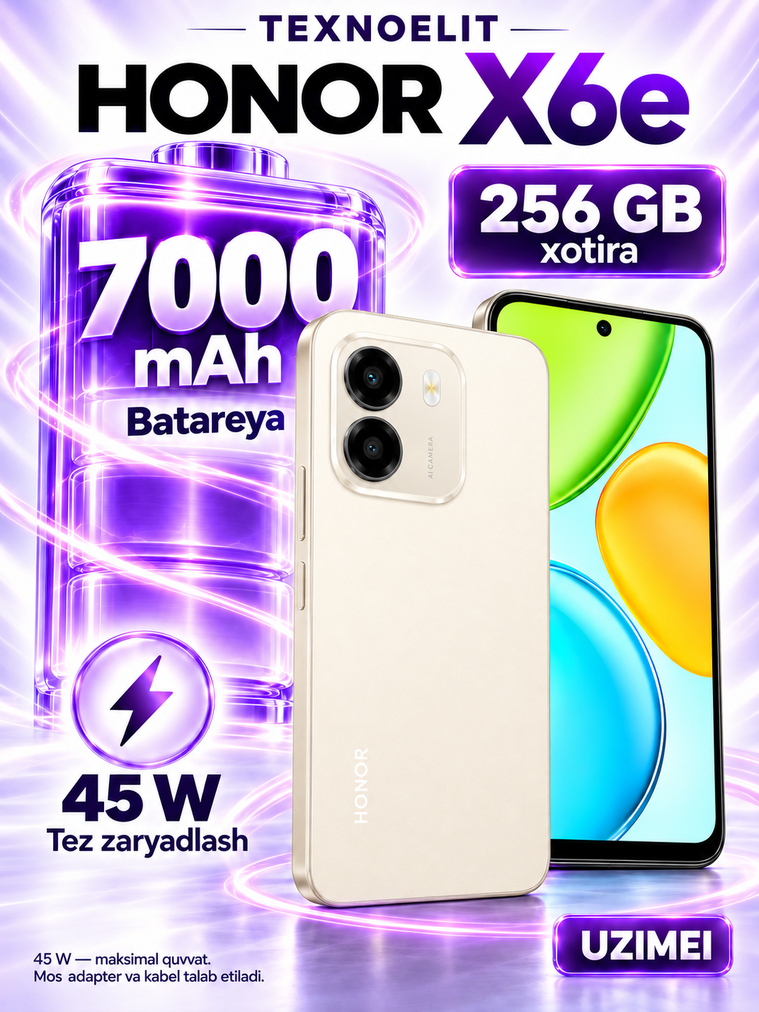 HONOR X6e smartfoni, 256 GB, 7000 mA·soat batareya, 50 MP kamera - 