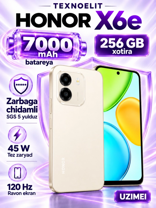 HONOR X6e smartfoni, 256 GB, 7000 mA·soat batareya, 50 MP kamera