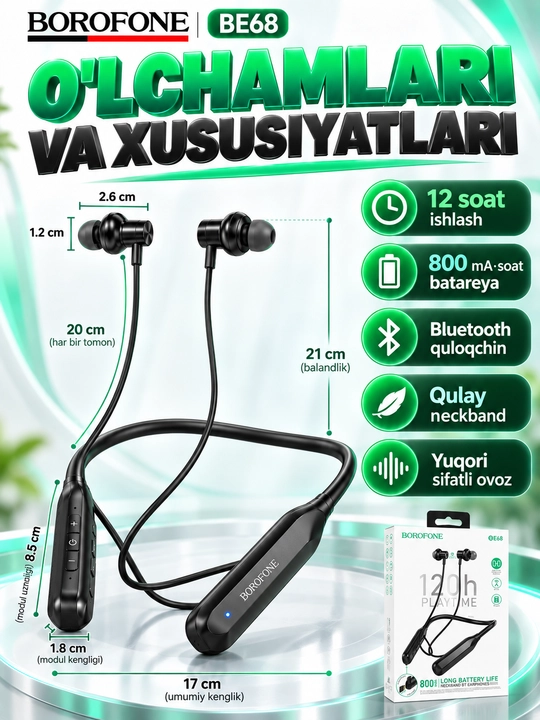 Наушники BOROFONE BE64 , беспроводные Bluetooth, шейные спортивные, черные