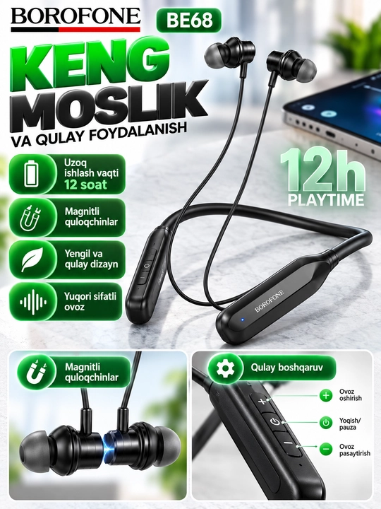 Наушники BOROFONE BE64 , беспроводные Bluetooth, шейные спортивные, черные