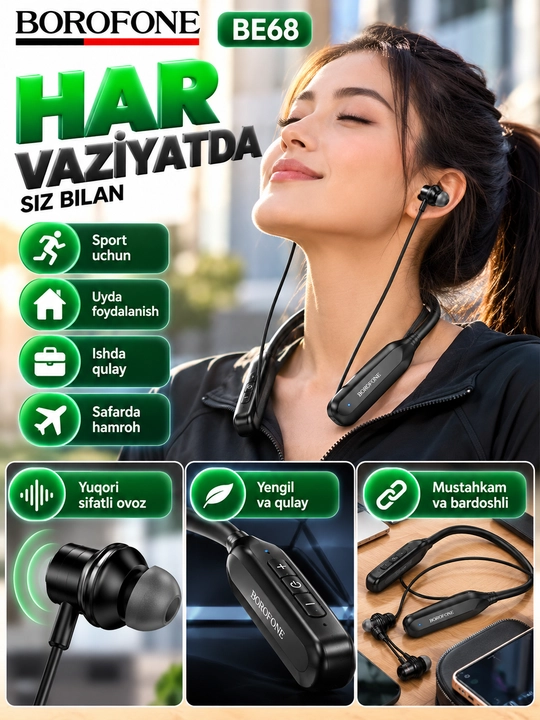 Наушники BOROFONE BE64 , беспроводные Bluetooth, шейные спортивные, черные