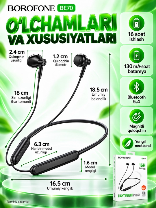 Наушники BOROFONE BE64 , беспроводные Bluetooth, шейные спортивные, черные