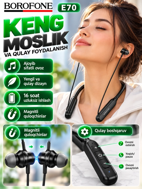 Наушники BOROFONE BE64 , беспроводные Bluetooth, шейные спортивные, черные