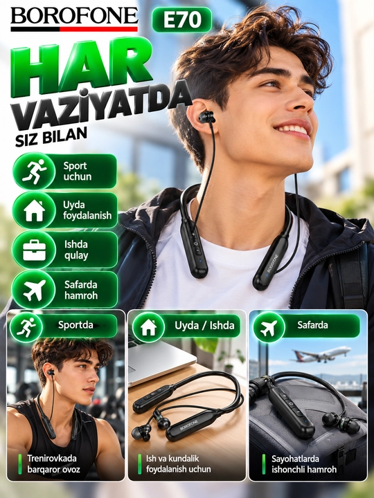 Наушники BOROFONE BE64 , беспроводные Bluetooth, шейные спортивные, черные
