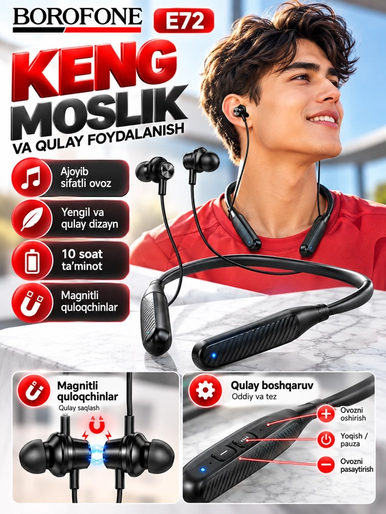Наушники BOROFONE BE64 , беспроводные Bluetooth, шейные спортивные, черные