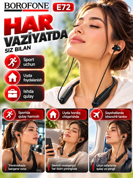 Наушники BOROFONE BE64 , беспроводные Bluetooth, шейные спортивные, черные