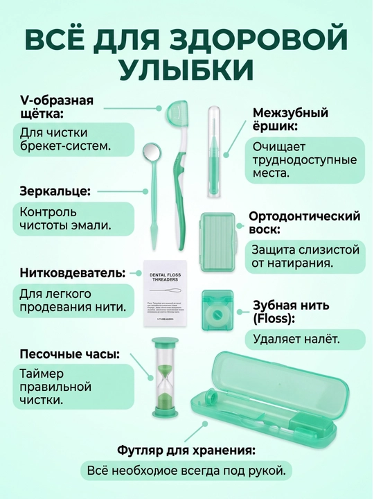 Ортодонтический набор для брекетов 8 в 1, зубная щетка, зубная нить (флосс) и воск