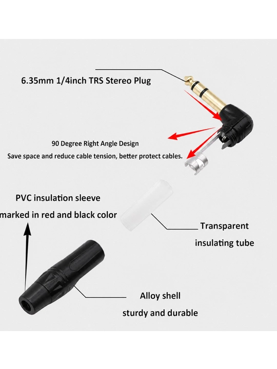 6.35 mm jack audio shtekerlar, mono TS, to‘g‘ri va 90° burchakli, qora / qizil variantlar