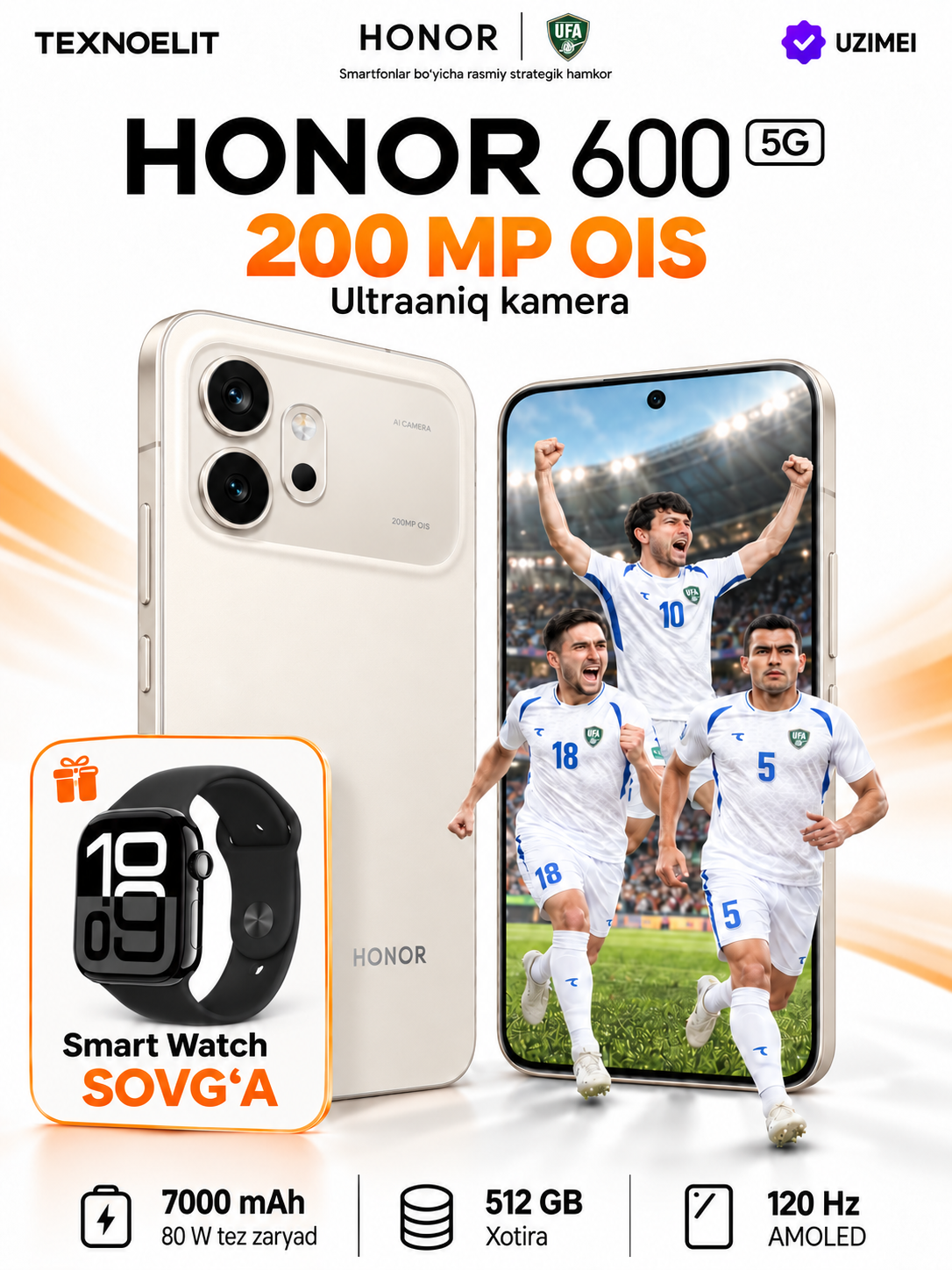 Honor 600 5G Smartfoni, 512 GB, AMOLED 120Hz, Snapdragon 7 Gen 4, +Smart watch - 
